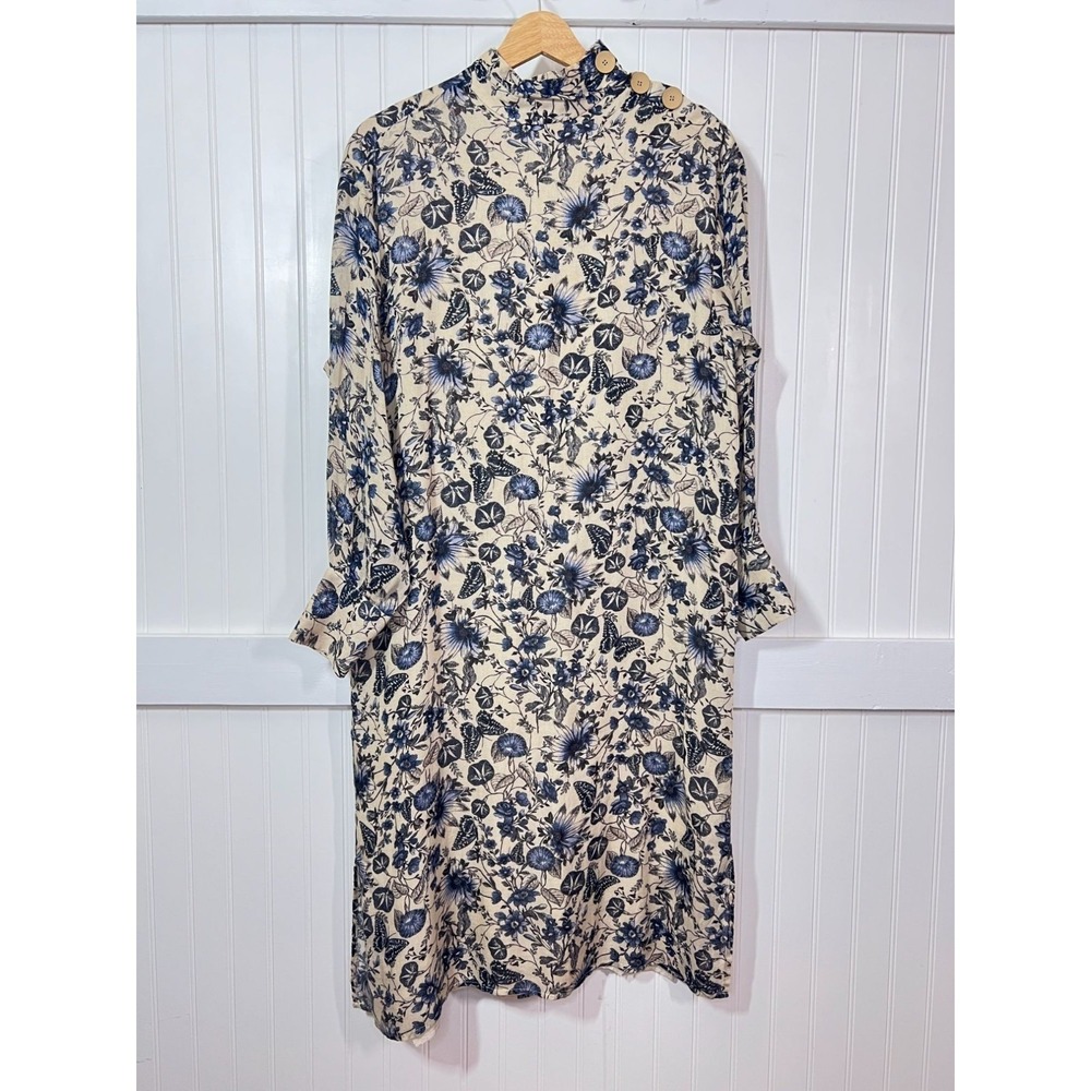 Zara Dress Blue Botanical Garden Peasant Twee Long Sleeve High Neck Midi Modest